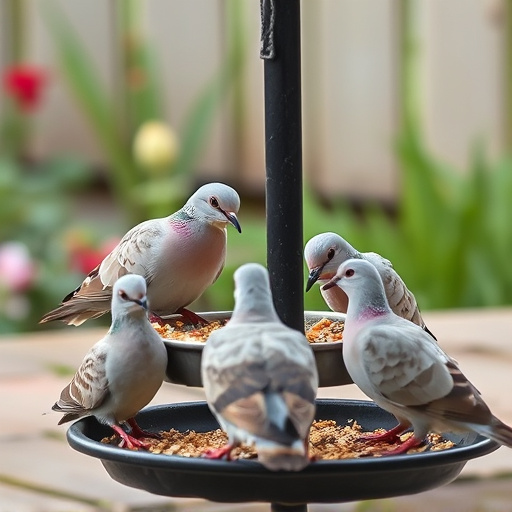 Collared doves eating from patio ground feeder