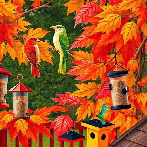 Colorful autumn leaves and feeders