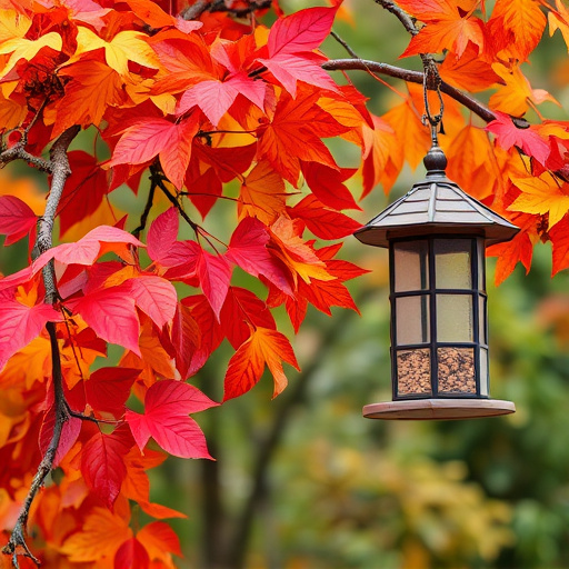 Colorful autumn leaves and feeders