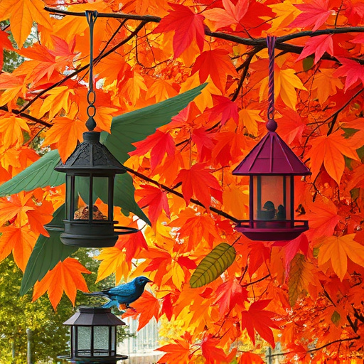 Colorful autumn leaves and feeders