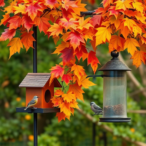 Colorful autumn leaves and feeders