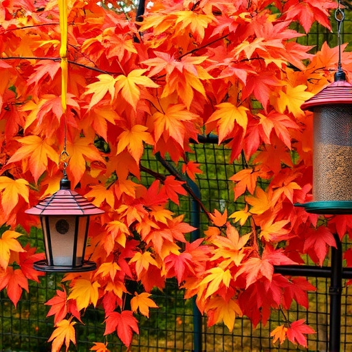 Colorful autumn leaves and feeders