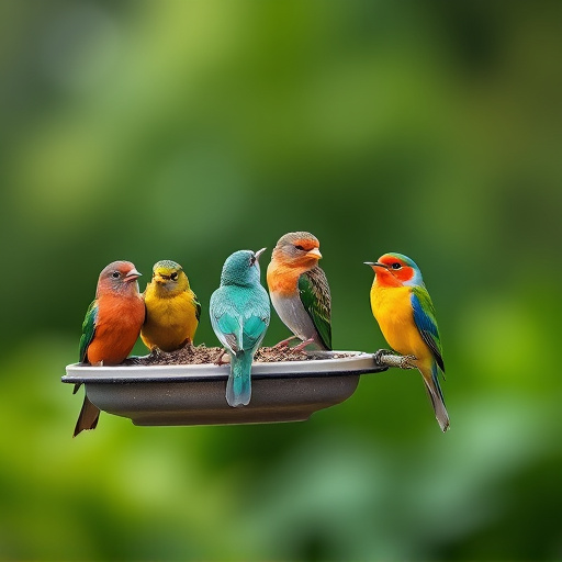 Colorful birds on hanging feeders