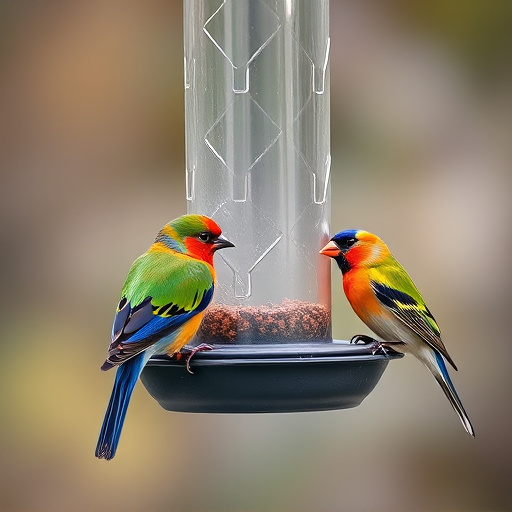 Colorful birds on hanging feeders