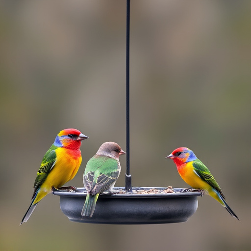 Colorful birds on hanging feeders