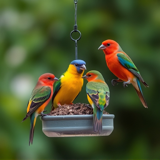Colorful birds on hanging feeders