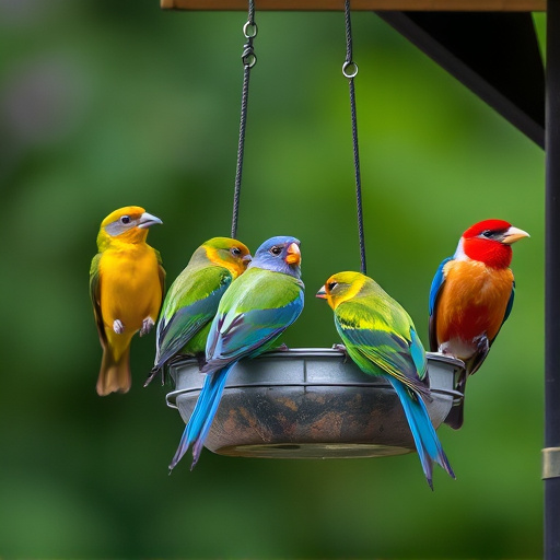 Colorful birds on hanging feeders
