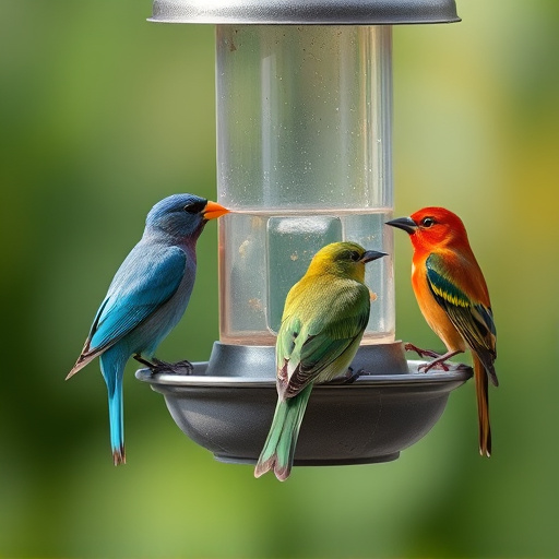 Colorful birds on hanging feeders