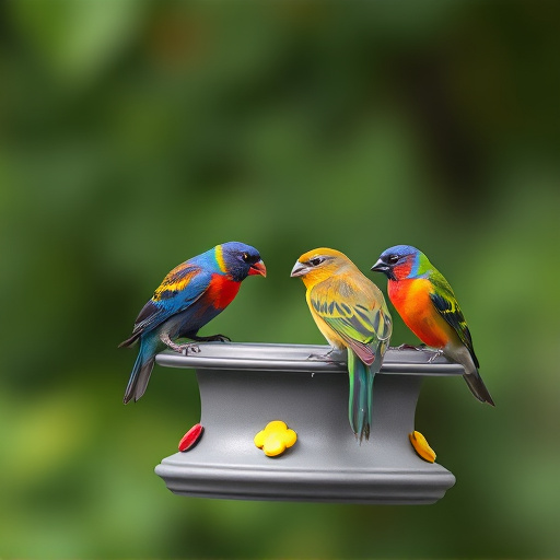 Colorful birds on hanging feeders