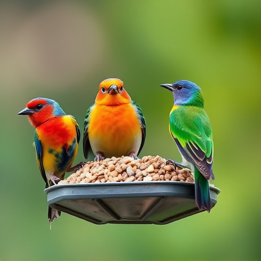 Colorful birds on hanging feeders