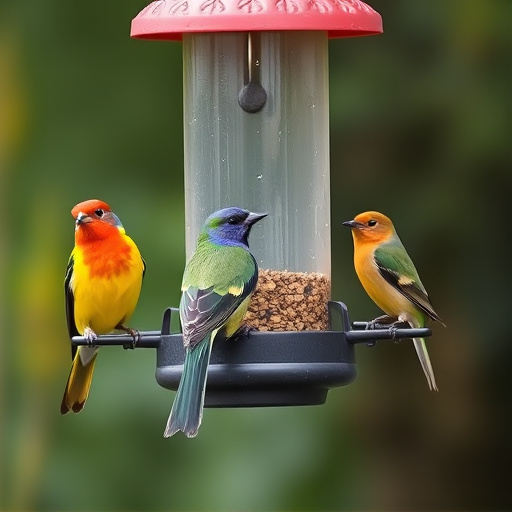 Colorful birds on hanging feeders