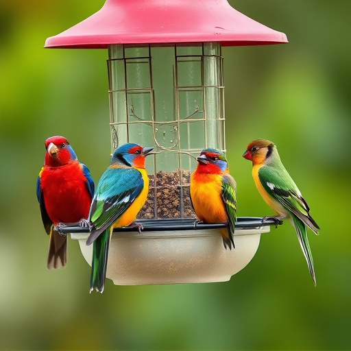 Colorful birds on hanging feeders