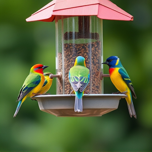 Colorful birds on hanging feeders