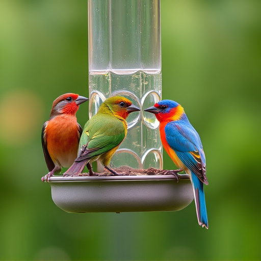 Colorful birds on hanging feeders