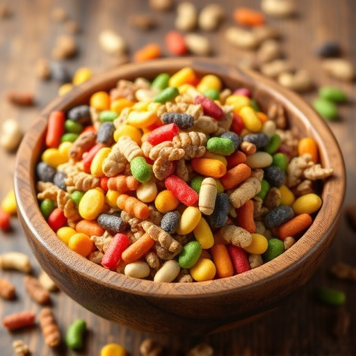 Colourful bird food mix in wooden bowl