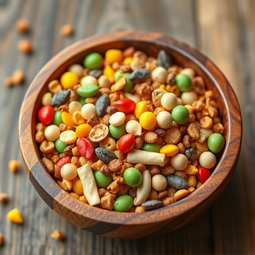 Colourful bird food mix in wooden bowl