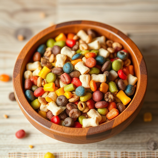 Colourful bird food mix in wooden bowl