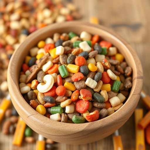 Colourful bird food mix in wooden bowl