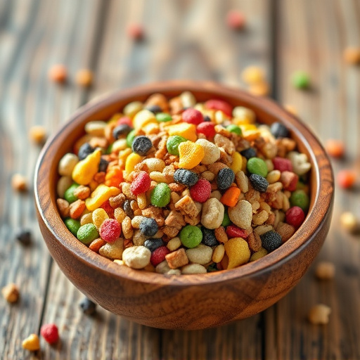 Colourful bird food mix in wooden bowl