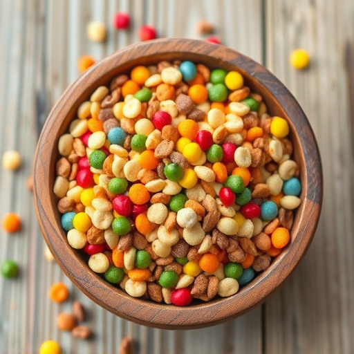 Colourful bird food mix in wooden bowl