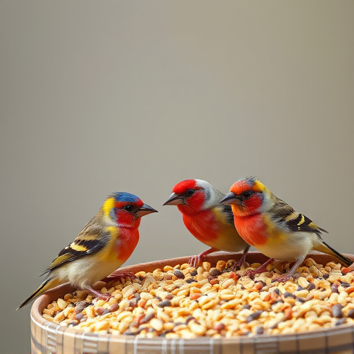 Colourful finches perched near seed mix