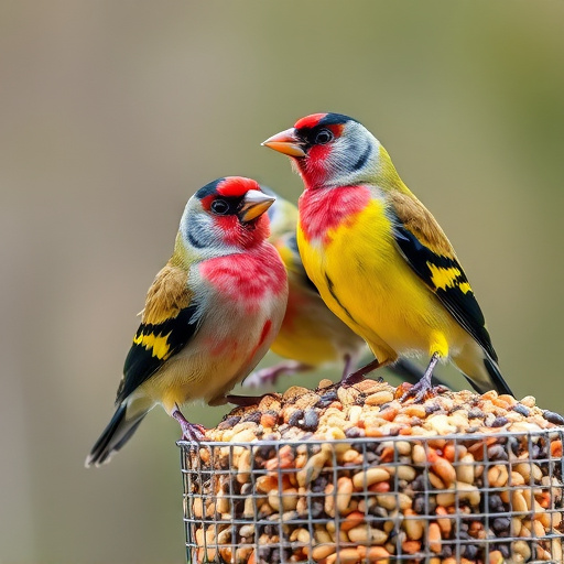 Colourful finches perched near seed mix