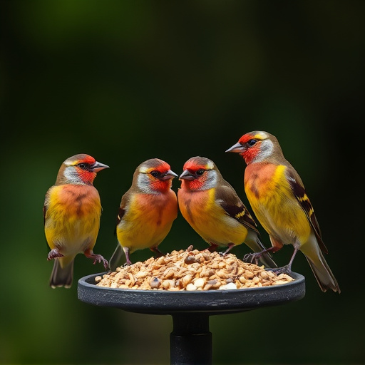 Colourful finches perched near seed mix