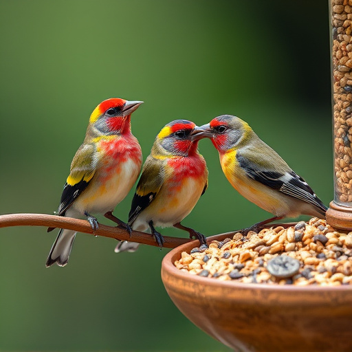 Colourful finches perched near seed mix