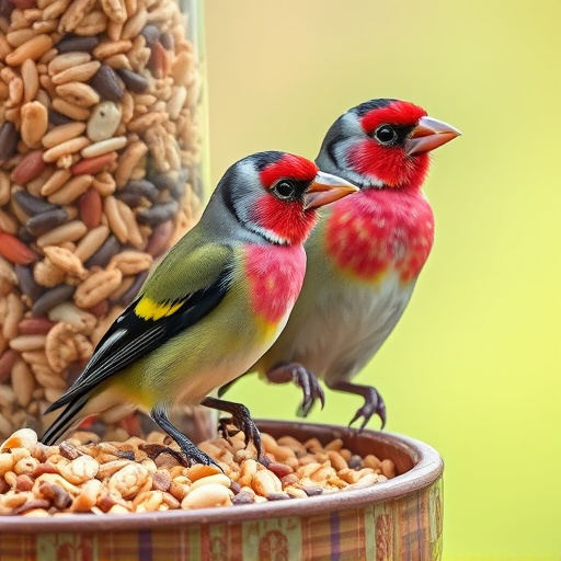 Colourful finches perched near seed mix