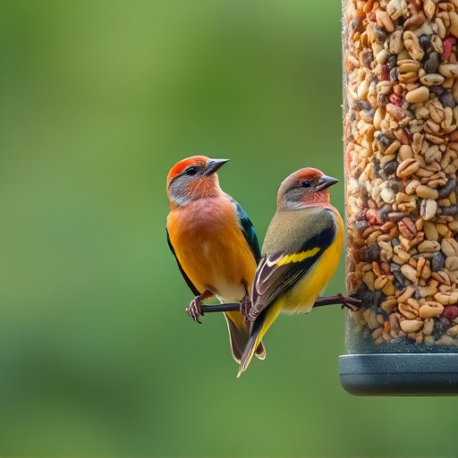 Colourful finches perched near seed mix