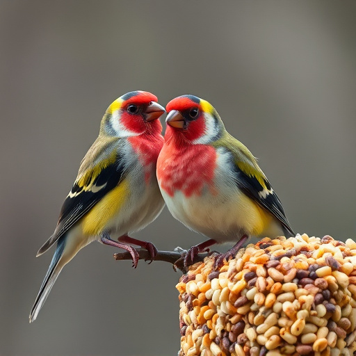 Colourful finches perched near seed mix