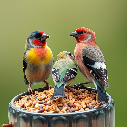 Colourful finches perched near seed mix