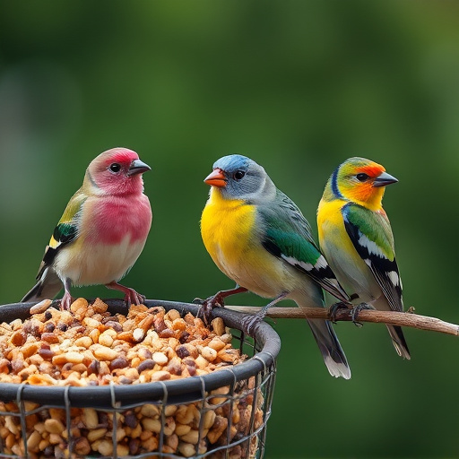 Colourful finches perched near seed mix