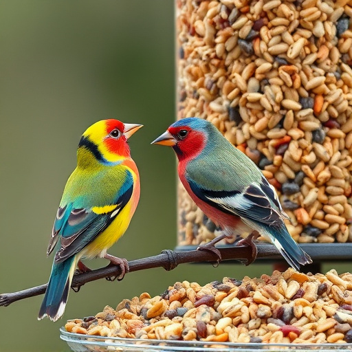 Colourful finches perched near seed mix