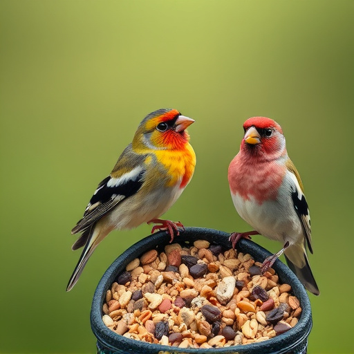 Colourful finches perched near seed mix