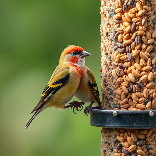 Colourful finches perched near seed mix