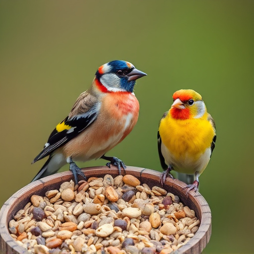 Colourful finches perched near seed mix