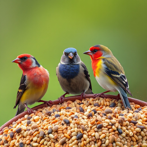 Colourful finches perched near seed mix