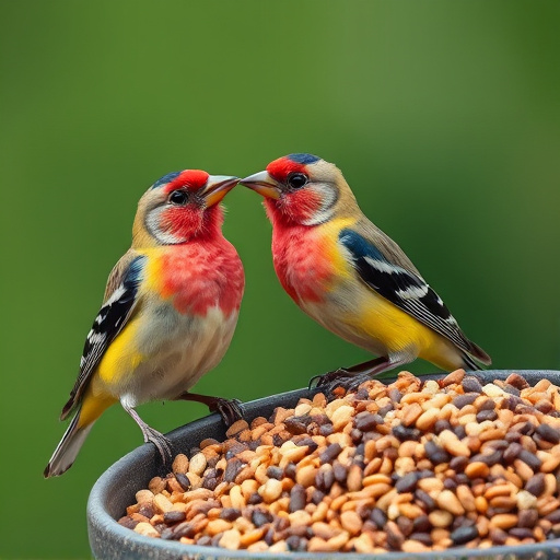 Colourful finches perched near seed mix