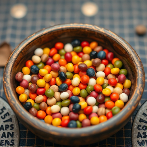 Colourful seeds in shallow feeding dish