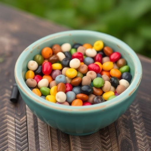 Colourful seeds in shallow feeding dish