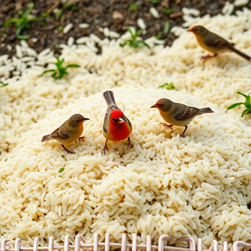 Cooked rice scattered for garden birds