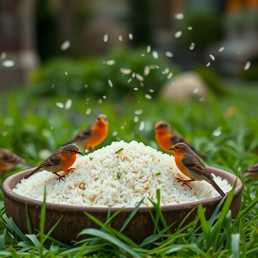 Cooked rice scattered for garden birds