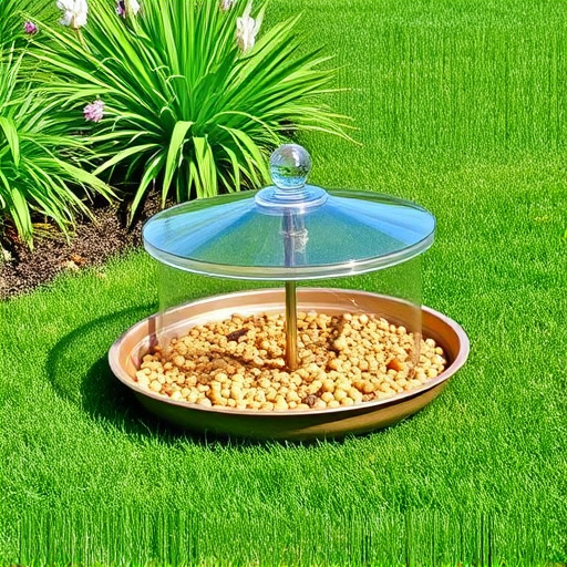 Covered tray feeder on garden lawn