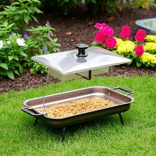 Covered tray feeder on garden lawn