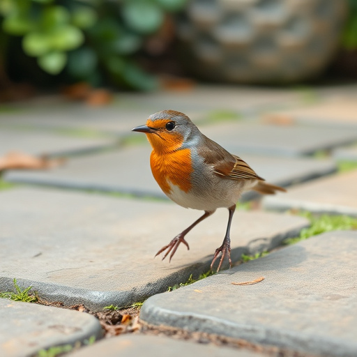 Curious robin hopping on patio stones
