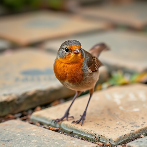 Curious robin hopping on patio stones