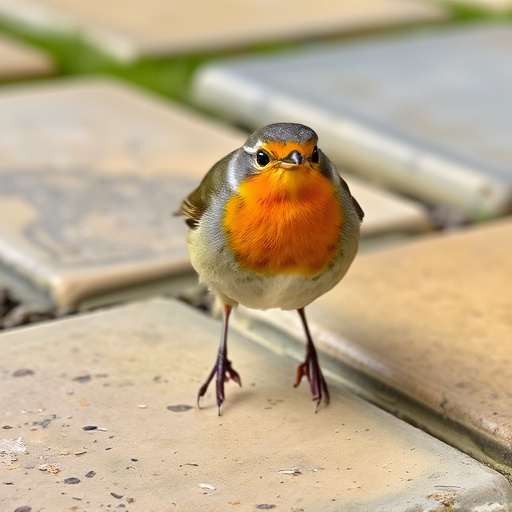 Curious robin hopping on patio stones
