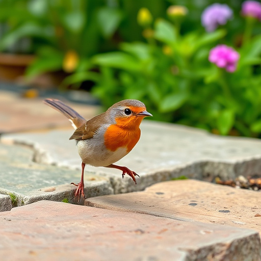 Curious robin hopping on patio stones