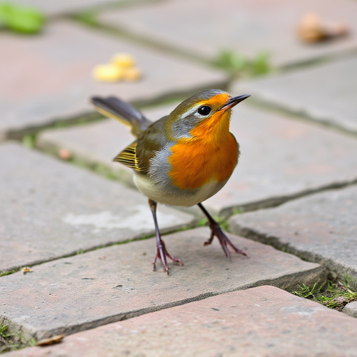 Curious robin hopping on patio stones